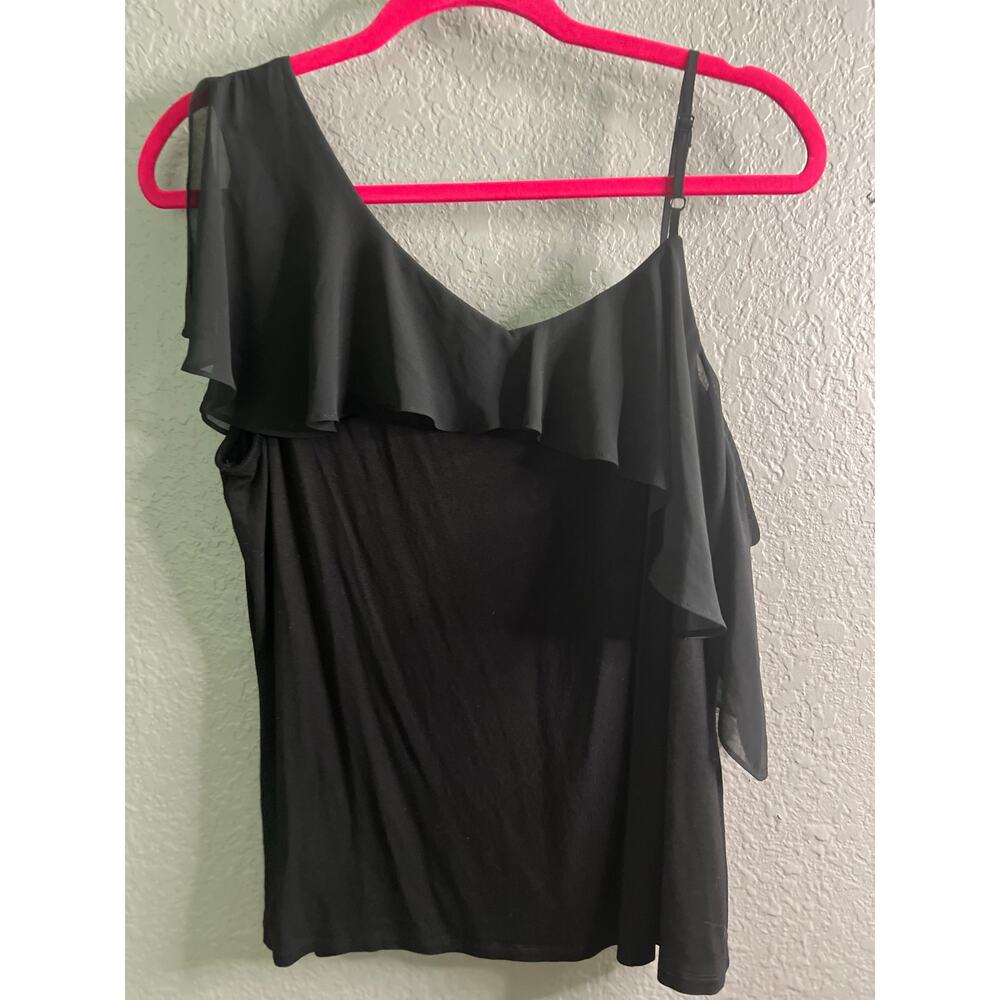 Vince Camuto Blouse Top XL Black Ruffled One Cold Shoulder V-Neck Casual Minimal